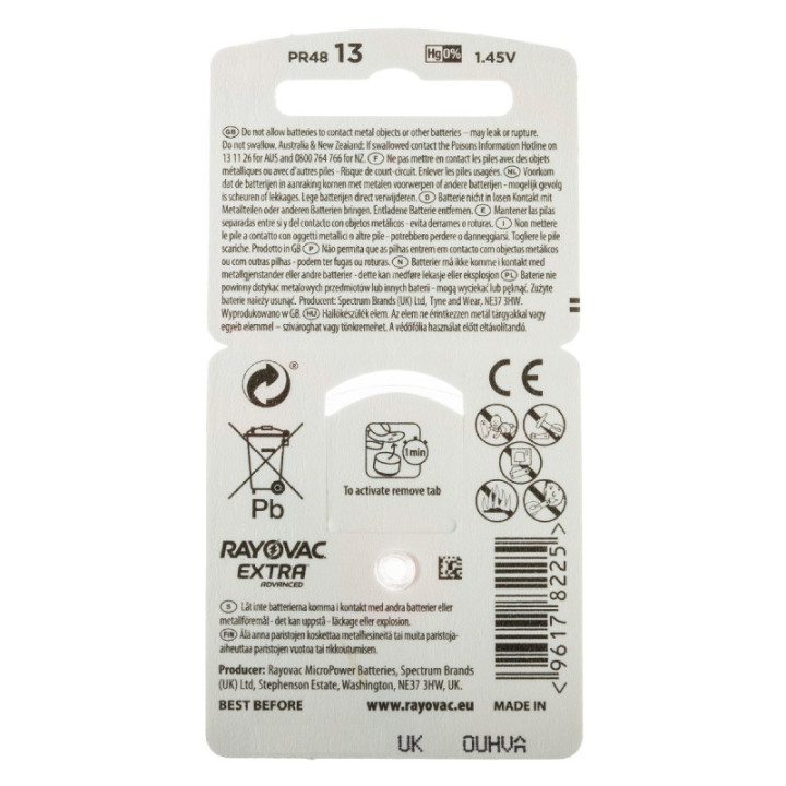POWERDEAL 72 PIECES RAYOVAC EXTRA 13, PR48 HEARINGAID BATTERIES